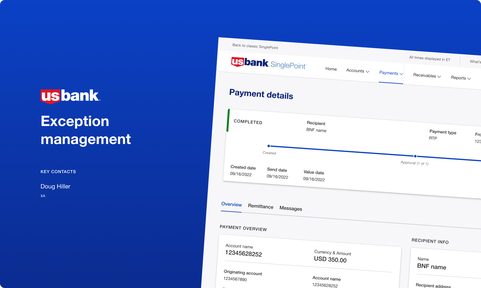 US Bank Singlepoint — Exception Management receivable detail screen