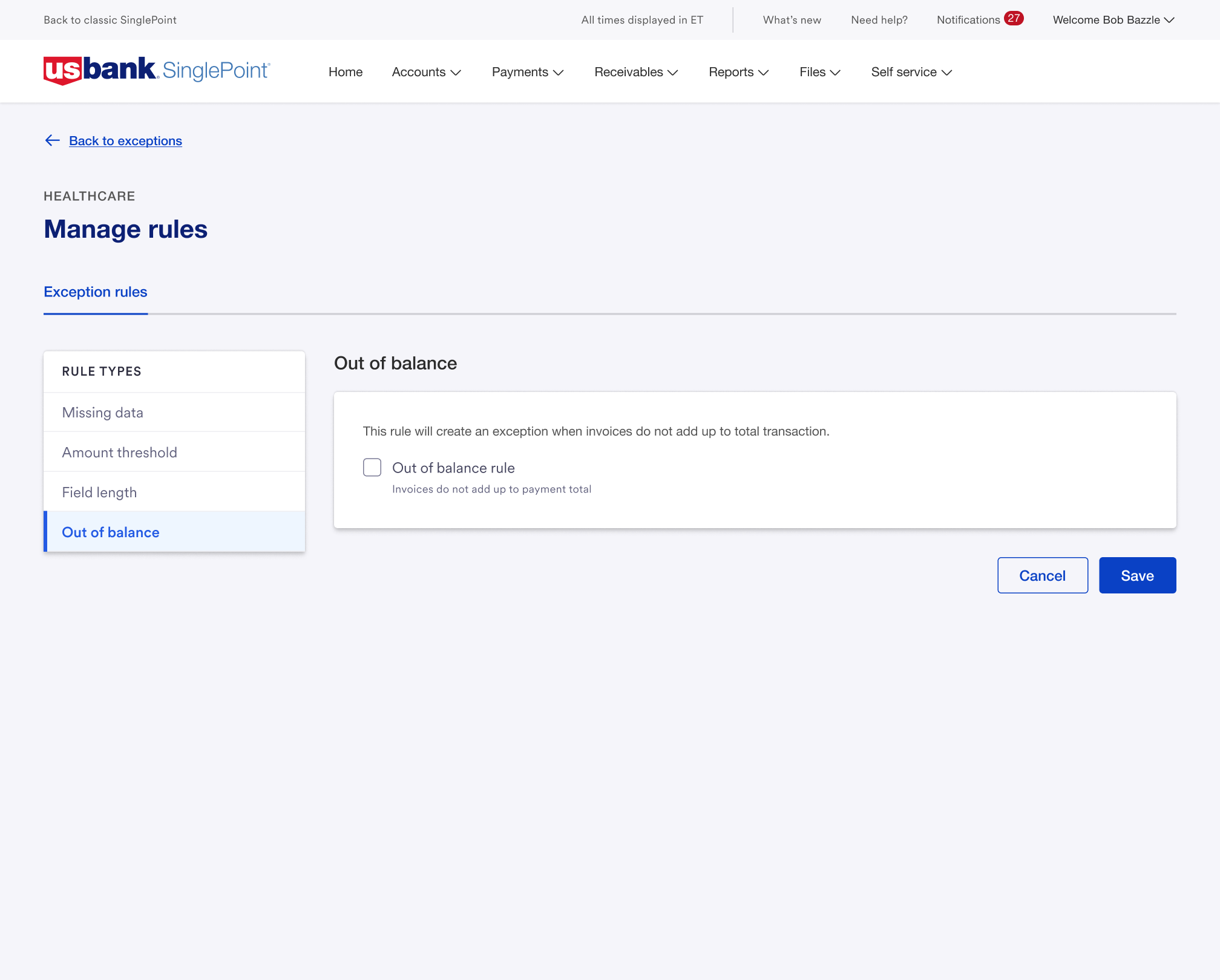 Manage rules — Out of balance