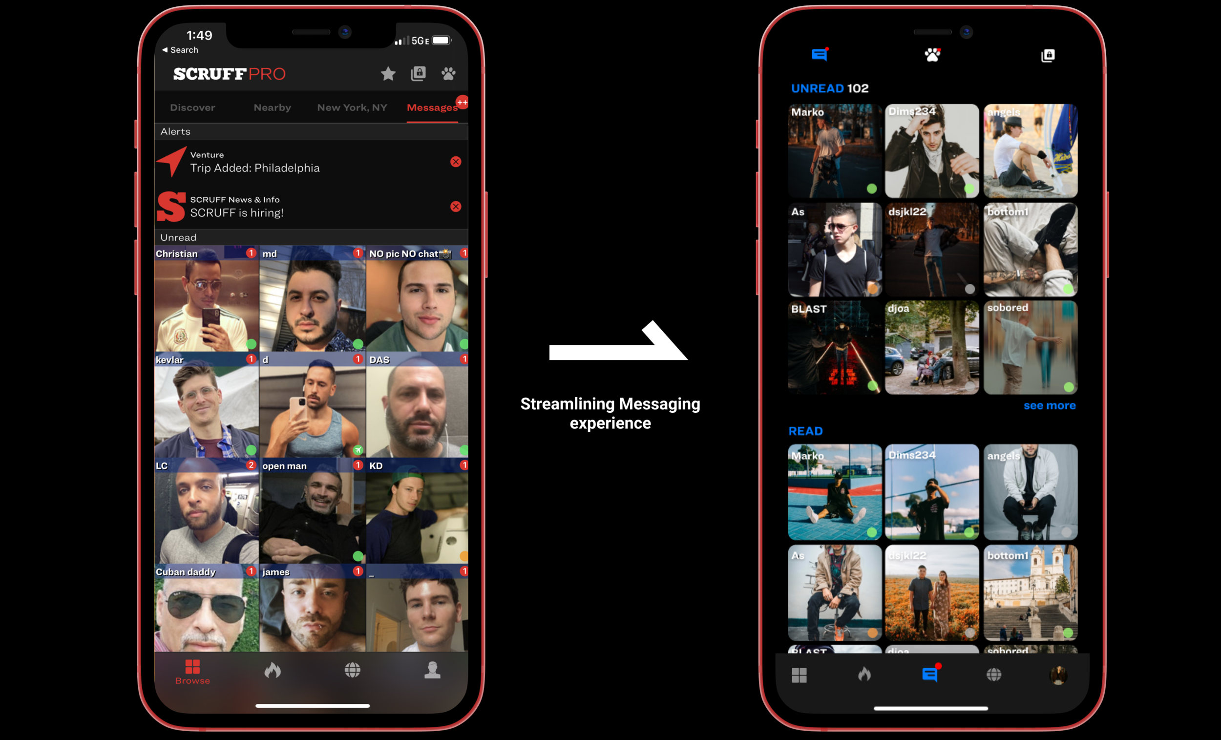SCRUFF messaging redesign — before and after comparison