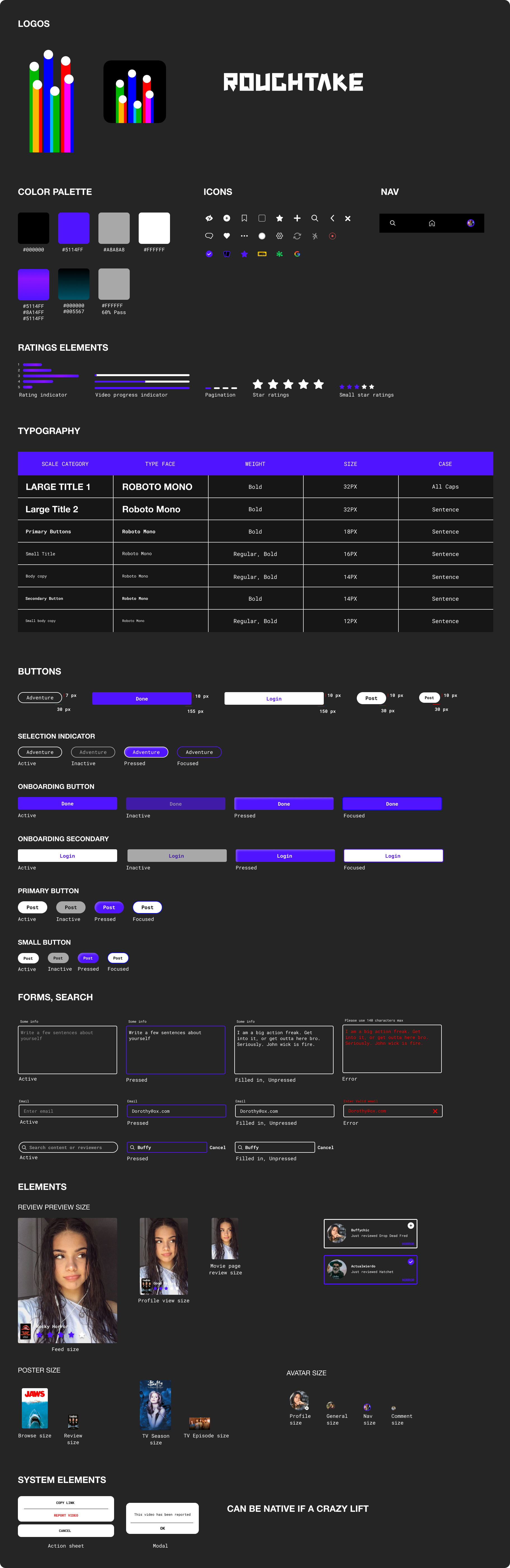 Roughtake style guide — colors, typography, components